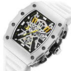 MEGIR 2218 men's skeleton watch, silver case with yellow-accent skeleton dial and white silicone strap, angled view