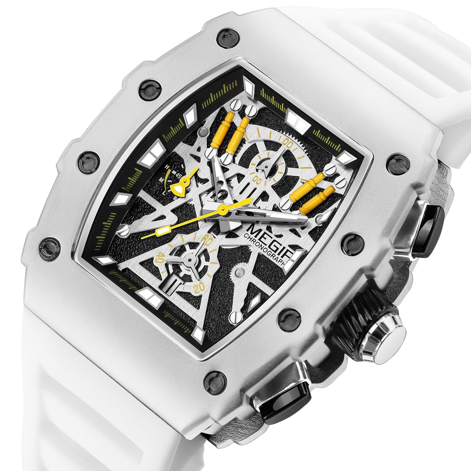 MEGIR 2218 men's skeleton watch, silver case with yellow-accent skeleton dial and white silicone strap, angled view