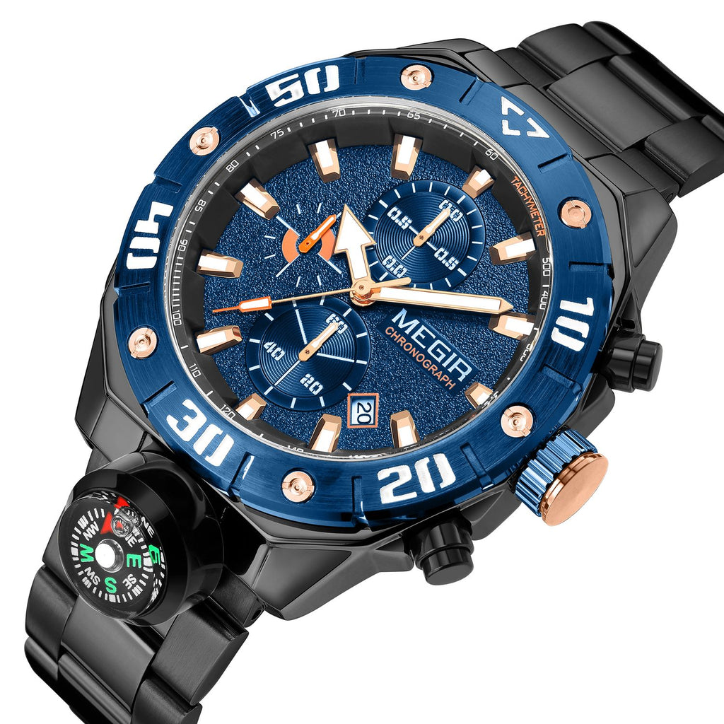 MEGIR 2219 men's chronograph watch, blue bezel, blue dial and black bracelet, angled view