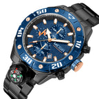 MEGIR 2219 men's chronograph watch, blue bezel, blue dial and black bracelet, angled view