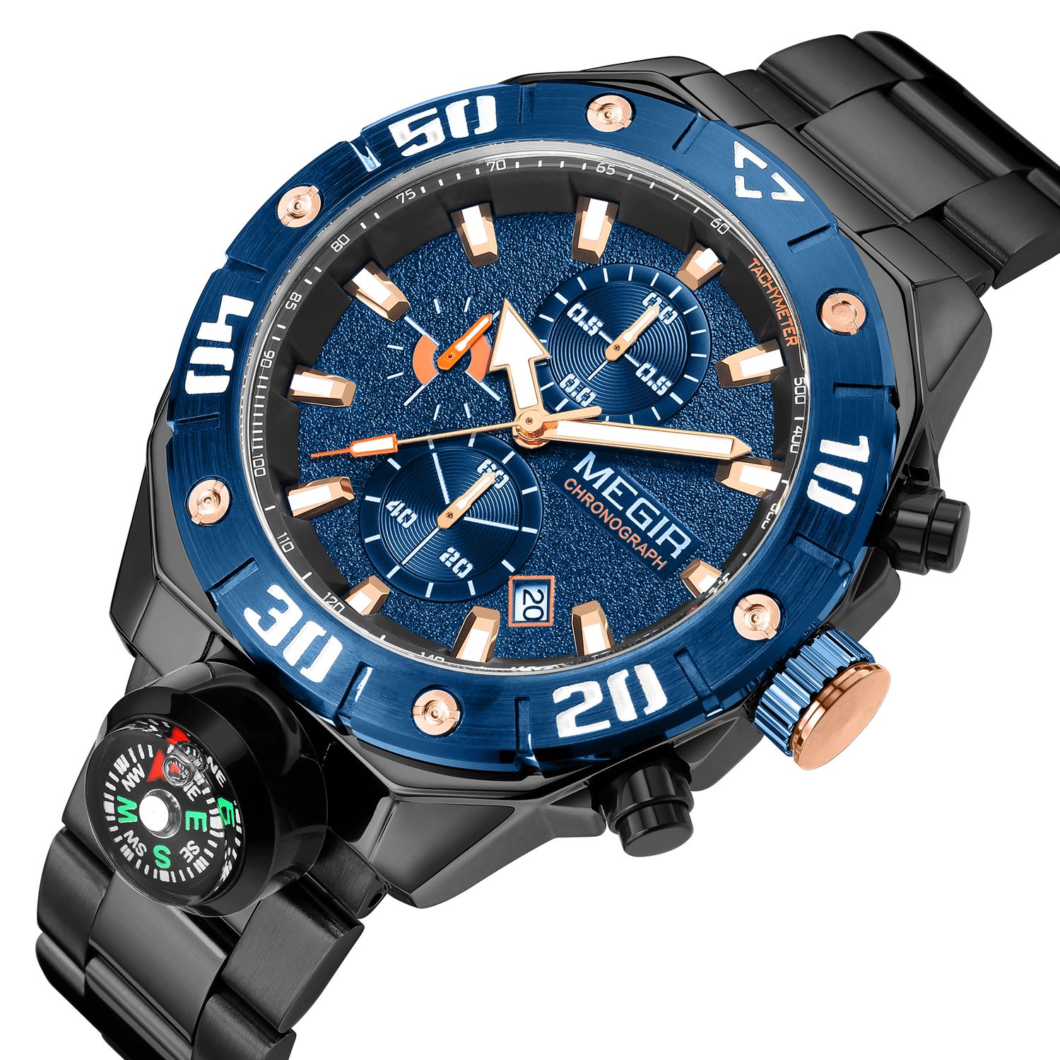 MEGIR 2219 men's chronograph watch, blue bezel, blue dial and black bracelet, angled view