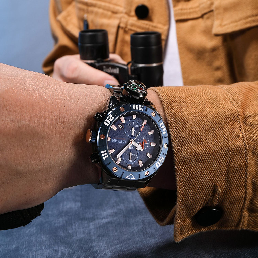 MEGIR 2219 men's chronograph watch on the wrist, blue bezel, blue dial and black bracelet
