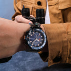 MEGIR 2219 men's chronograph watch on the wrist, blue bezel, blue dial and black bracelet