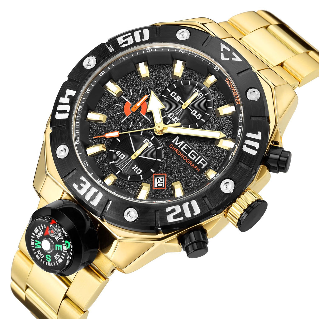 MEGIR 2219 men's chronograph watch, gold-tone case with black bezel, black dial and gold bracelet, angled view