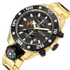 MEGIR 2219 men's chronograph watch, gold-tone case with black bezel, black dial and gold bracelet, angled view