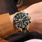 MEGIR 2219 men's chronograph watch on the wrist, gold-tone case with black dial and gold bracelet