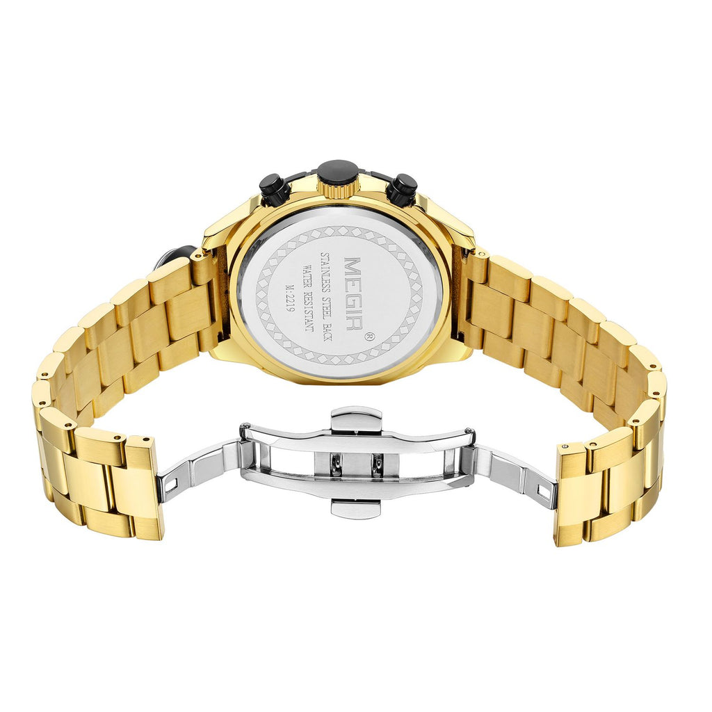 MEGIR 2219 men's chronograph watch caseback with engravings, gold bracelet and folding clasp