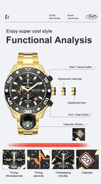 MEGIR 2219 men's chronograph watch functional analysis graphic explaining the sub-dials and buttons