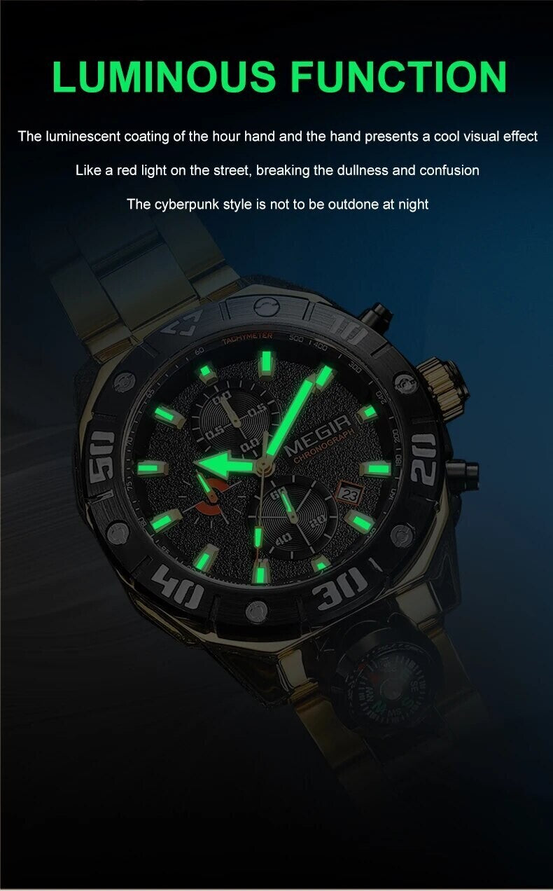 MEGIR 2219 men's chronograph watch feature graphic showing luminous hands glowing in the dark