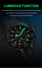 MEGIR 2219 men's chronograph watch feature graphic showing luminous hands glowing in the dark
