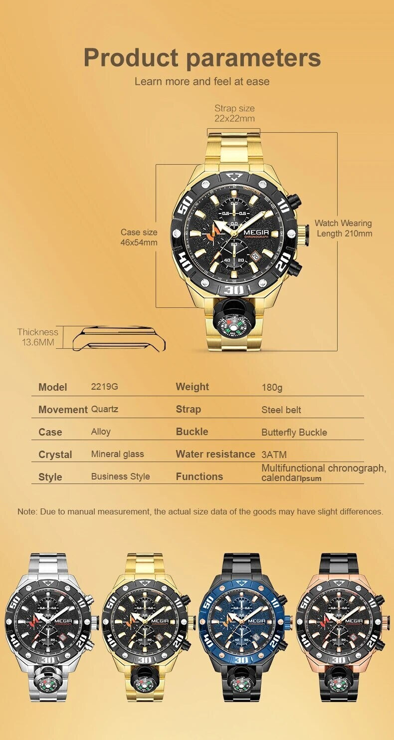 MEGIR 2219 men's chronograph watch parameters graphic with case size, thickness and band dimensions