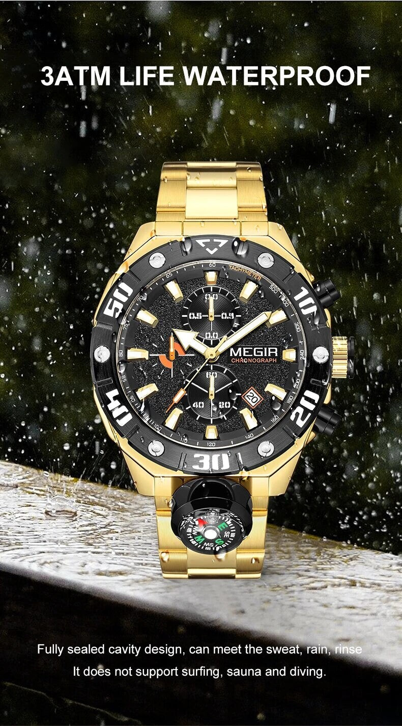 MEGIR 2219 men's chronograph watch water-resistance graphic, gold-tone case with black dial in the rain