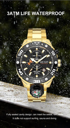 MEGIR 2219 men's chronograph watch water-resistance graphic, gold-tone case with black dial in the rain