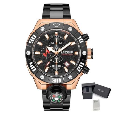 MEGIR 2219 men's chronograph watch, rose-gold case with black bezel, black dial and black bracelet, with gift box