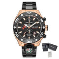 MEGIR 2219 men's chronograph watch, rose-gold case with black bezel, black dial and black bracelet, with gift box
