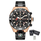 MEGIR 2219 men's chronograph watch, rose-gold case with black bezel, black dial and black bracelet, with gift box
