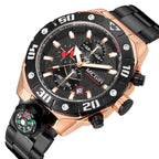MEGIR 2219 men's chronograph watch, rose-gold case with black bezel, black dial and black bracelet, angled view