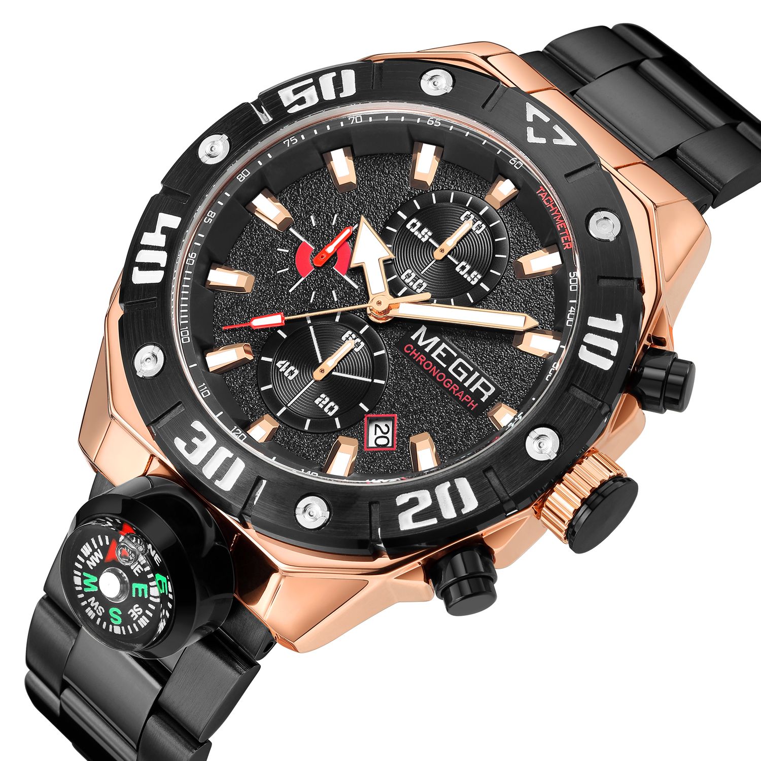 MEGIR 2219 men's chronograph watch, rose-gold case with black bezel, black dial and black bracelet, angled view