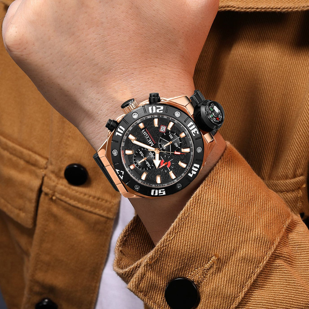 MEGIR 2219 men's chronograph watch on the wrist, rose-gold case with black dial and black bracelet
