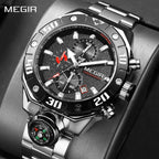 MEGIR 2219 men's chronograph watch, silver case with black bezel, black dial and steel bracelet, front view