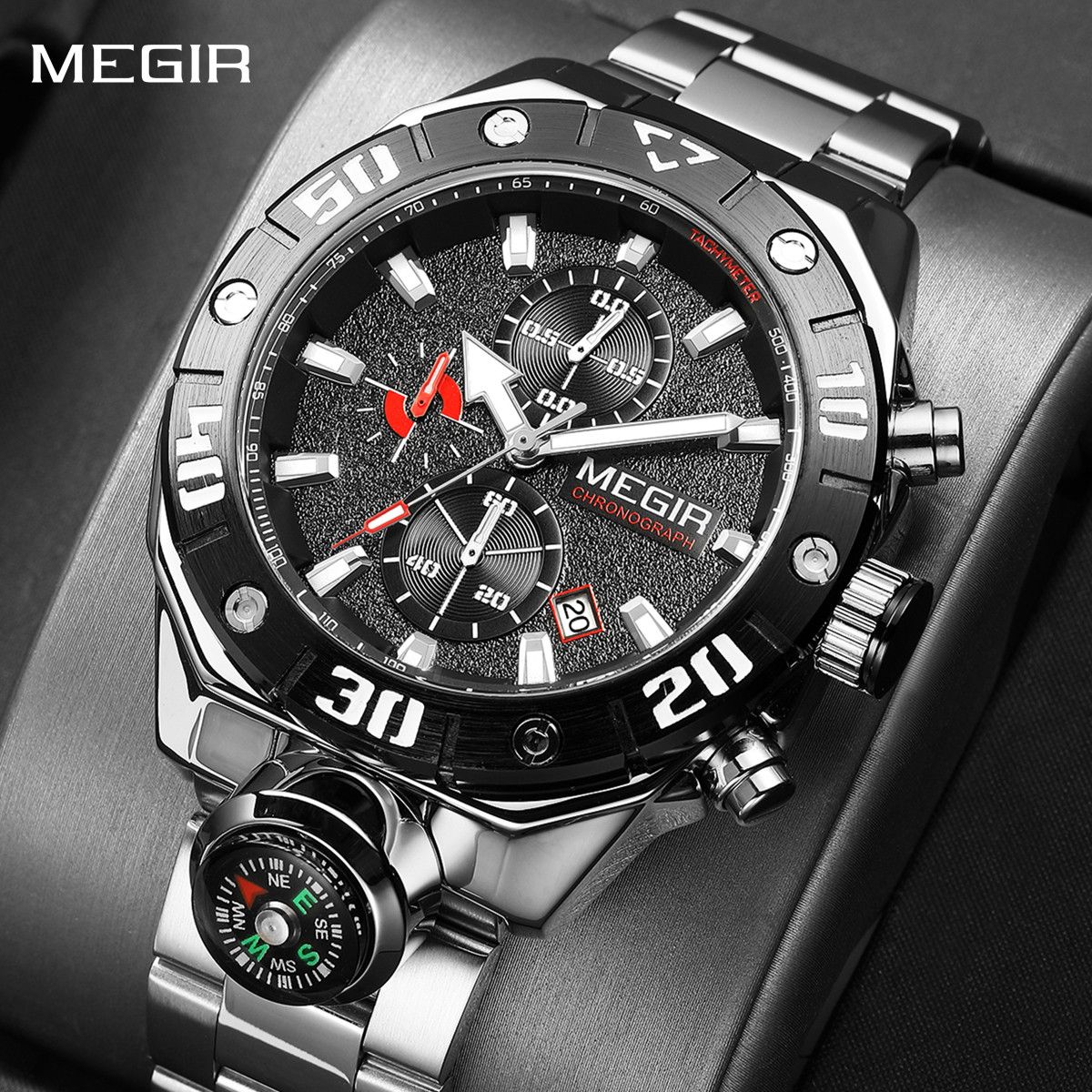 MEGIR 2219 men's chronograph watch, silver case with black bezel, black dial and steel bracelet, front view