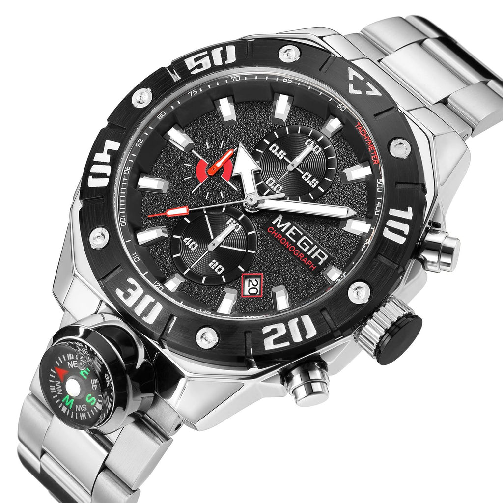 MEGIR 2219 men's chronograph watch, silver case with black bezel, black dial and steel bracelet, angled view