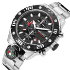 MEGIR 2219 men's chronograph watch, silver case with black bezel, black dial and steel bracelet, angled view