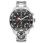 MEGIR 2219 men's chronograph watch, silver case with black bezel, black dial and steel bracelet, studio view