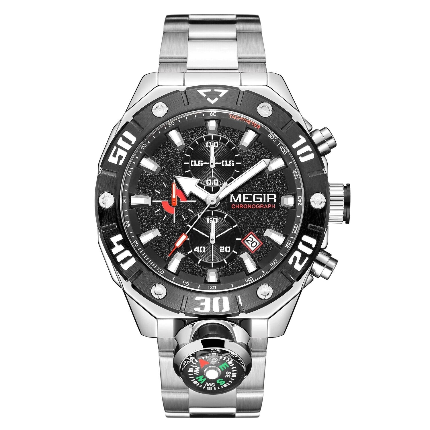 MEGIR 2219 men's chronograph watch, silver case with black bezel, black dial and steel bracelet, studio view
