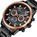 MEGIR 2220 men's chronograph watch, black case with rose-gold bezel, black dial and black bracelet, angled view