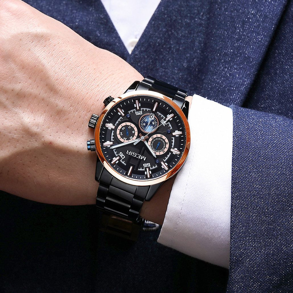 MEGIR 2220 men's chronograph watch on the wrist, black case with rose-gold bezel, black dial and black bracelet