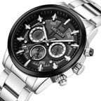 MEGIR 2220 men's chronograph watch, silver case with black bezel, black dial and steel bracelet, angled view