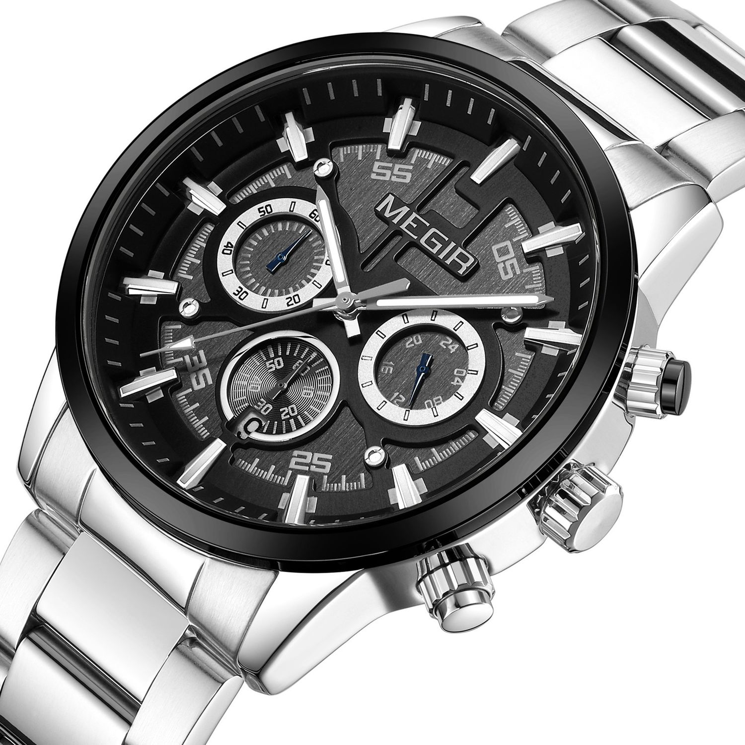 MEGIR 2220 men's chronograph watch, silver case with black bezel, black dial and steel bracelet, angled view