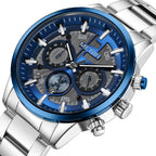 MEGIR 2220 men's chronograph watch, silver case with blue bezel, blue dial and steel bracelet, angled view