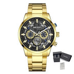 MEGIR 2220 men's chronograph watch, gold-tone case with black-gray dial and gold bracelet, with gift box