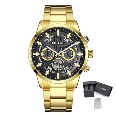 MEGIR 2220 men's chronograph watch, gold-tone case with black-gray dial and gold bracelet, with gift box