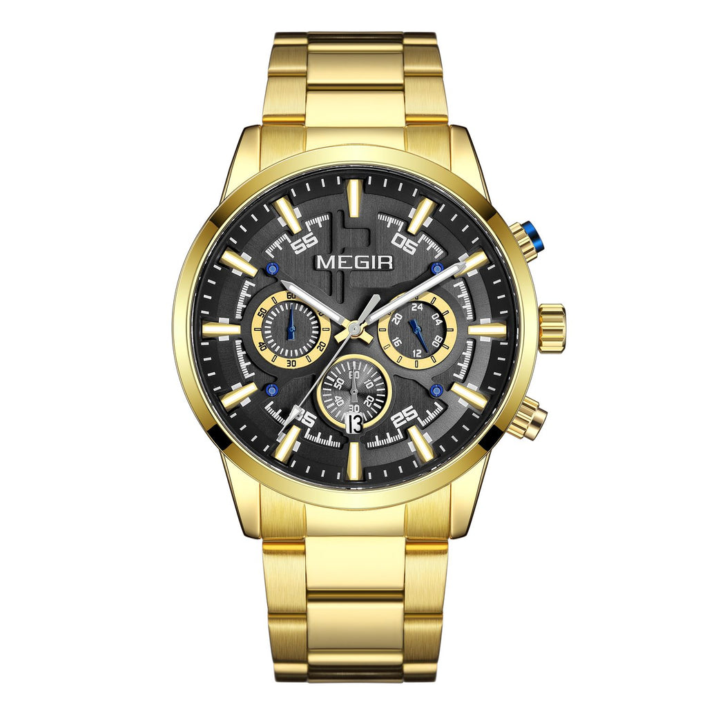 MEGIR 2220 men's chronograph watch, gold-tone case with black-gray dial and gold bracelet, front studio view