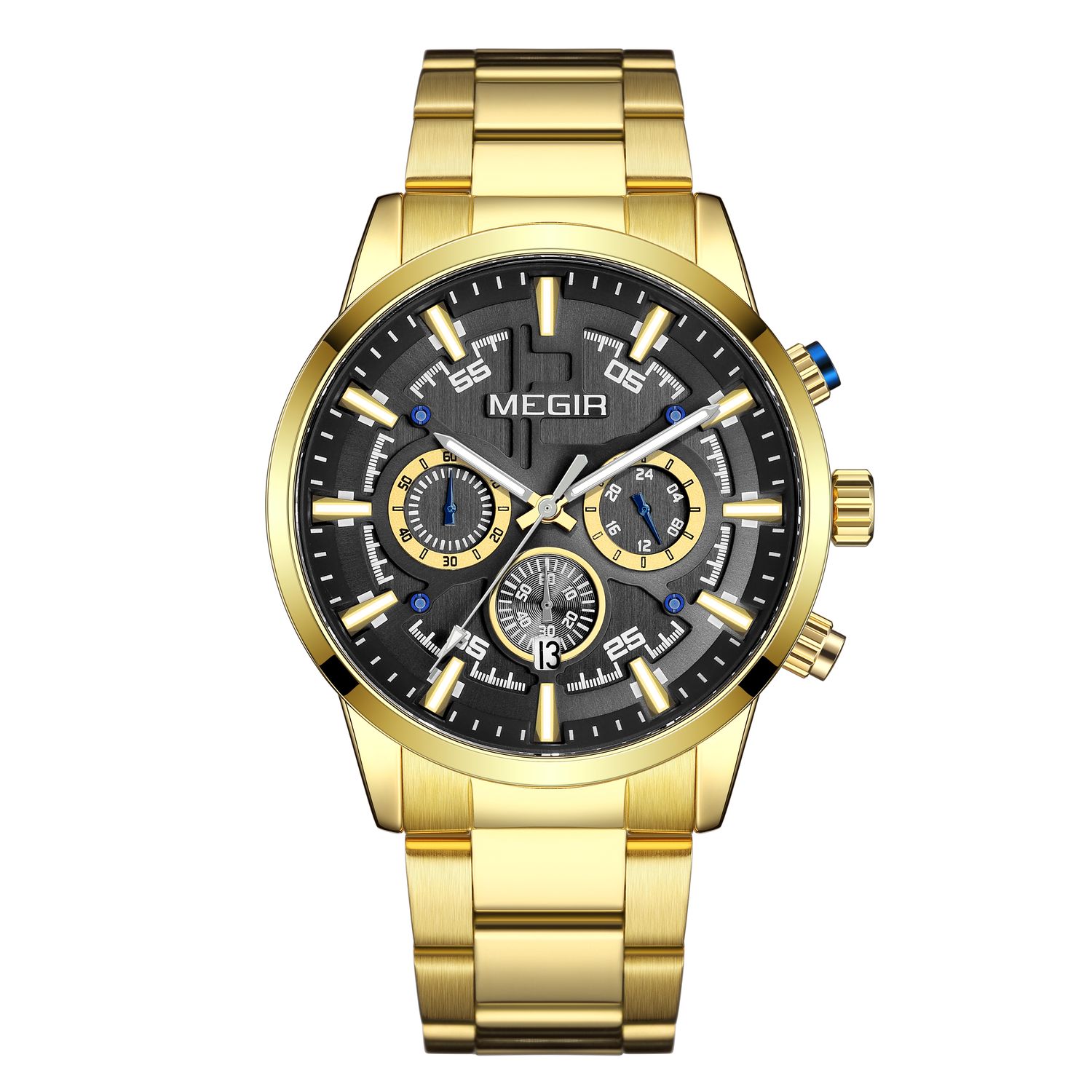 MEGIR 2220 men's chronograph watch, gold-tone case with black-gray dial and gold bracelet, front studio view