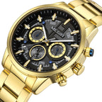 MEGIR 2220 men's chronograph watch, gold-tone case with black-gray dial and gold bracelet, three-quarter view