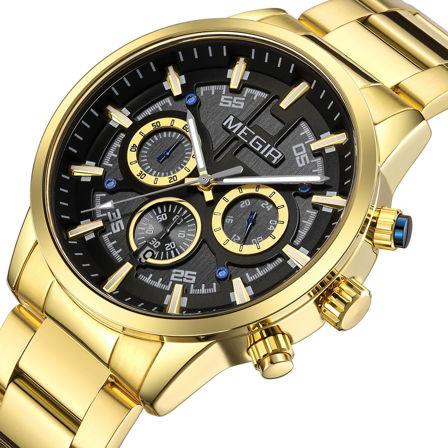 MEGIR 2220 men's chronograph watch, gold-tone case with black-gray dial and gold bracelet, three-quarter view