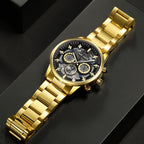 MEGIR 2220 men's chronograph watch, gold-tone case with black-gray dial and gold bracelet, angled view
