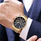 MEGIR 2220 men's chronograph watch on the wrist, gold-tone case with black-gray dial and gold bracelet