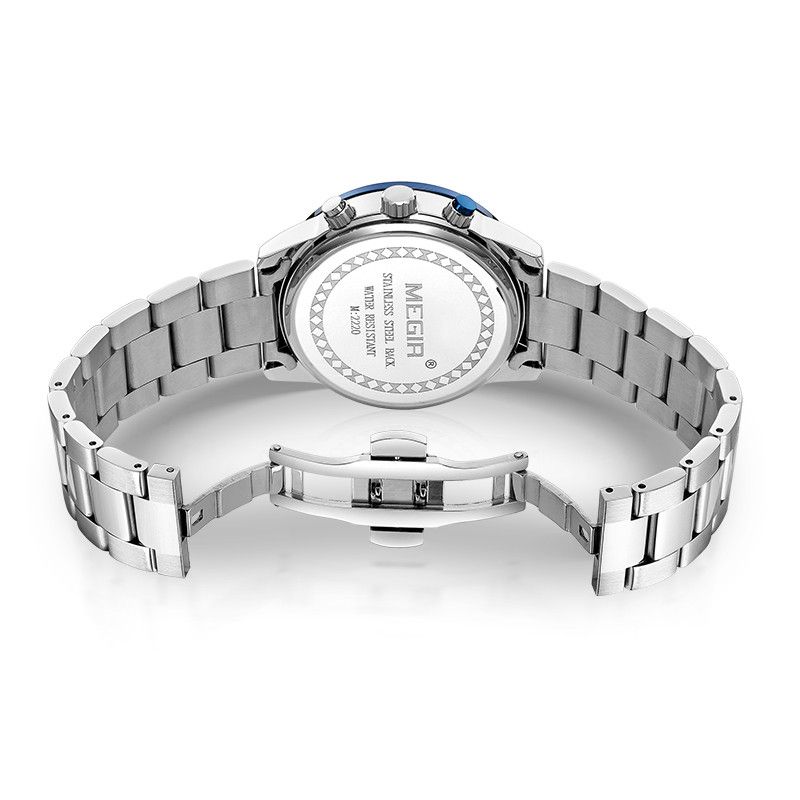 MEGIR 2220 men's chronograph watch caseback with engravings, steel bracelet and folding clasp
