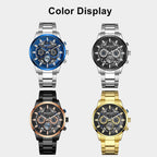 MEGIR 2220 men's chronograph watch color display showing blue-silver, black-silver, black rose-gold and gold dials