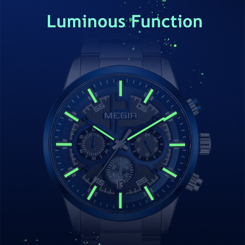 MEGIR 2220 men's chronograph watch feature graphic showing luminous hands and markers glowing in the dark