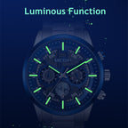MEGIR 2220 men's chronograph watch feature graphic showing luminous hands and markers glowing in the dark