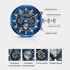 MEGIR 2220 men's chronograph watch operation graphic showing the start, calendar and reset buttons