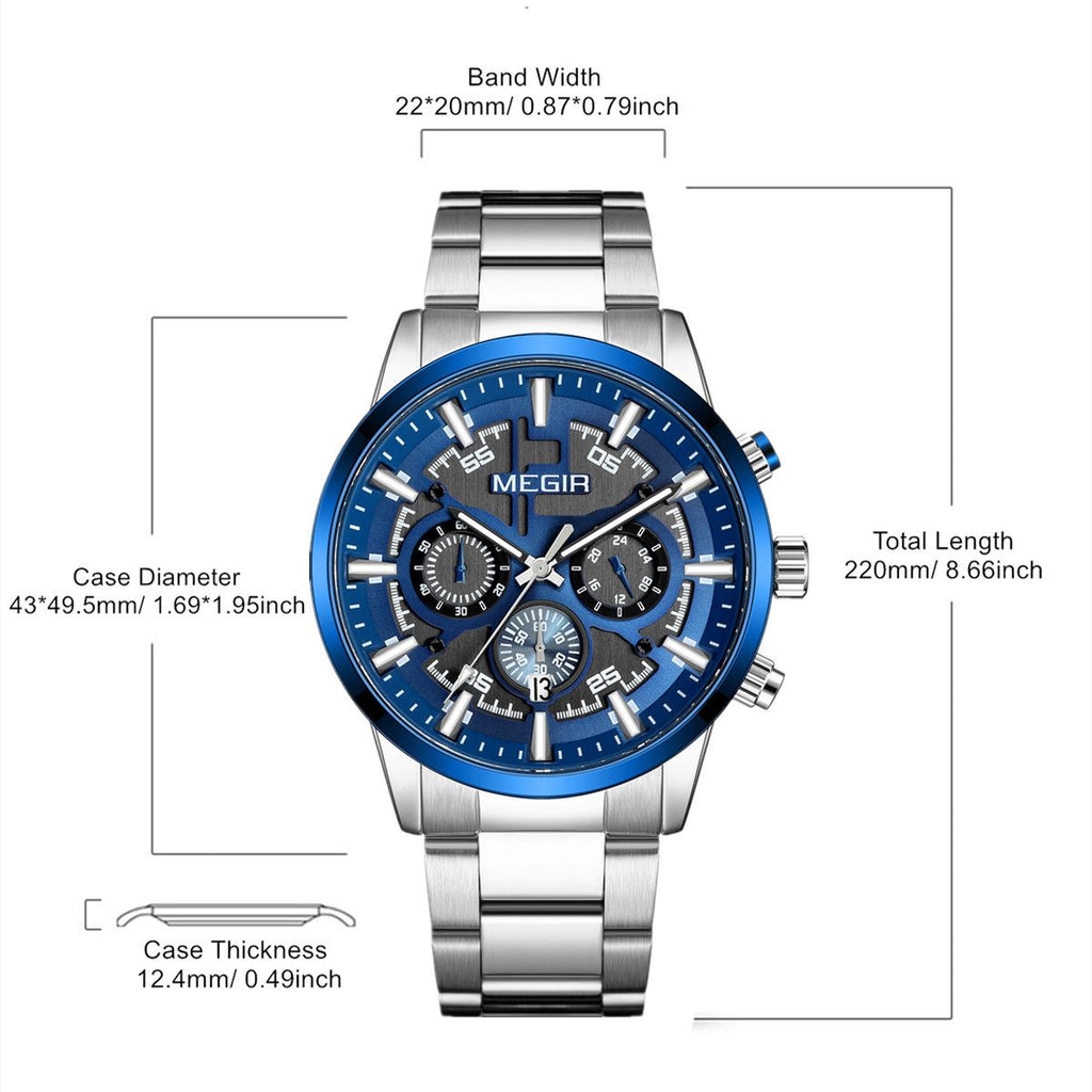 MEGIR 2220 men's chronograph watch parameters graphic with case diameter, band width and total length