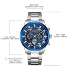 MEGIR 2220 men's chronograph watch parameters graphic with case diameter, band width and total length