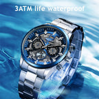 MEGIR 2220 men's chronograph watch water-resistance graphic, silver case with blue dial and steel bracelet